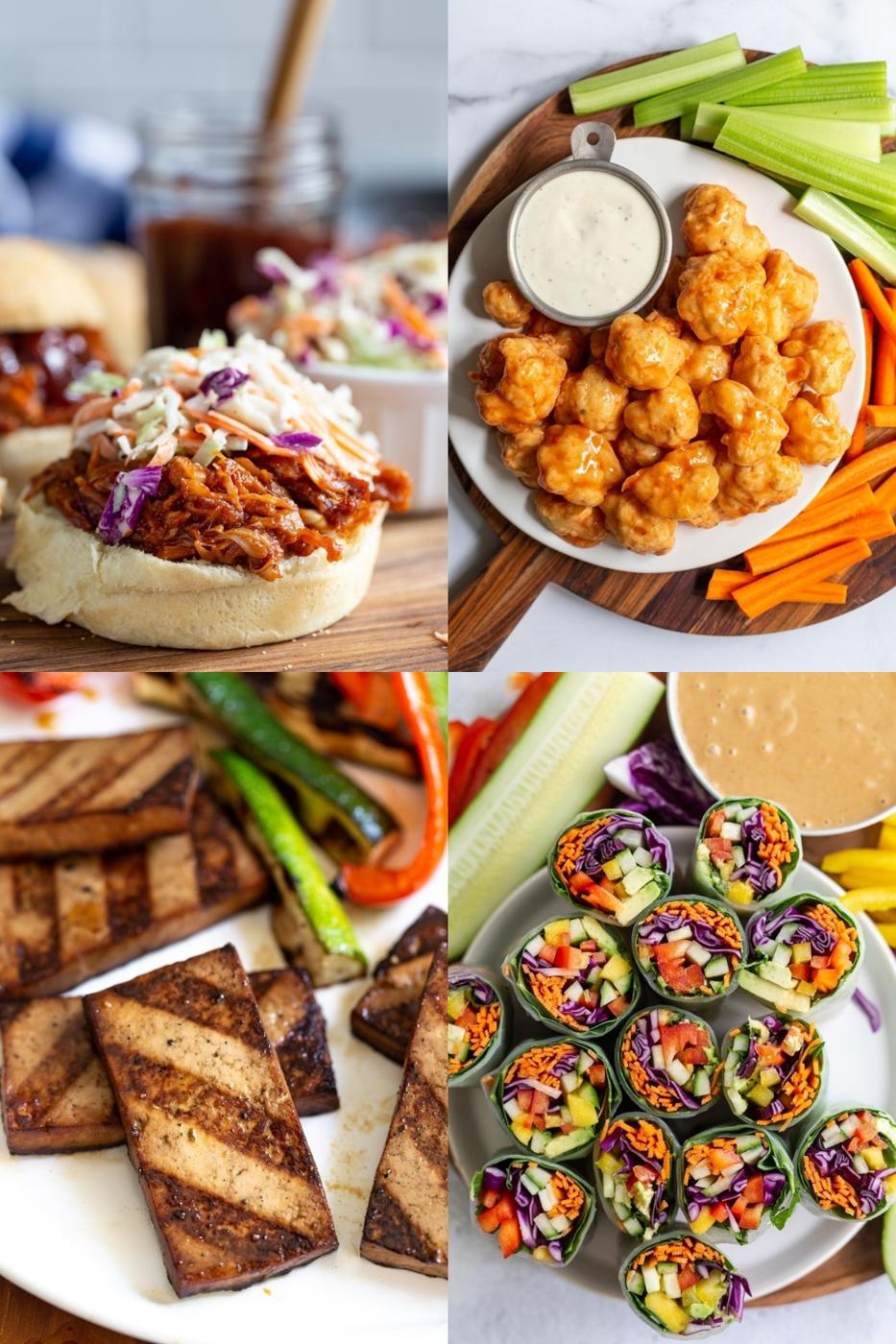 a collage of 4 images: jackfruit bbq, a shot of buffalo cauliflower wings, a shot of grilled tofu, and a shot of loaded veggie spring rolls