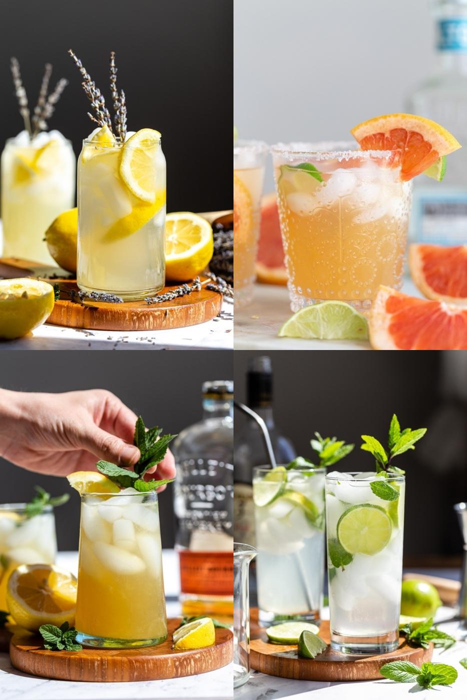 a collage of 4 images: 1) lavender vodka lemonade 2) small glass of grapefruit margarita 3) whiskey smash with mint in it 4) mojito dink with mint and limes in it