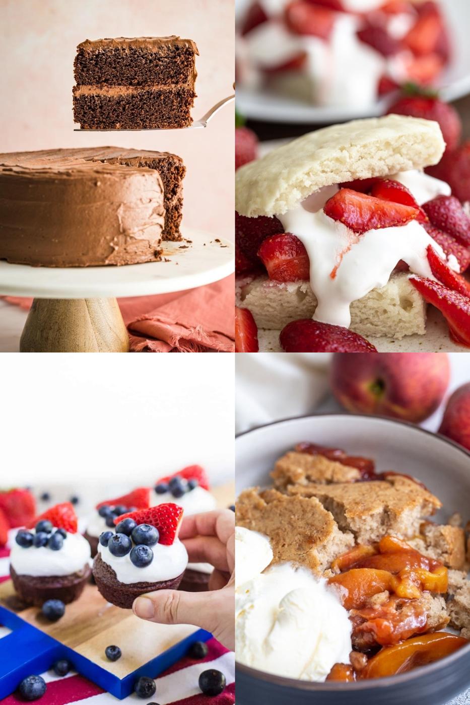 a collage of 4 images: 1) slice of chocolate cake being pulled from the cake 2) close up shot of strawberry shortcake 3) a hand holding a brownie cupcake that's topped with whipped cream and berries 4) close up shot of peach cobbler and ice cream