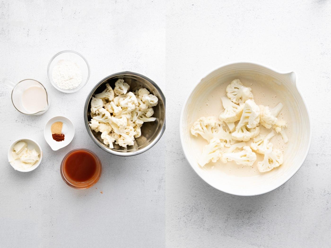 dipping cauliflower in milk/flour mixture