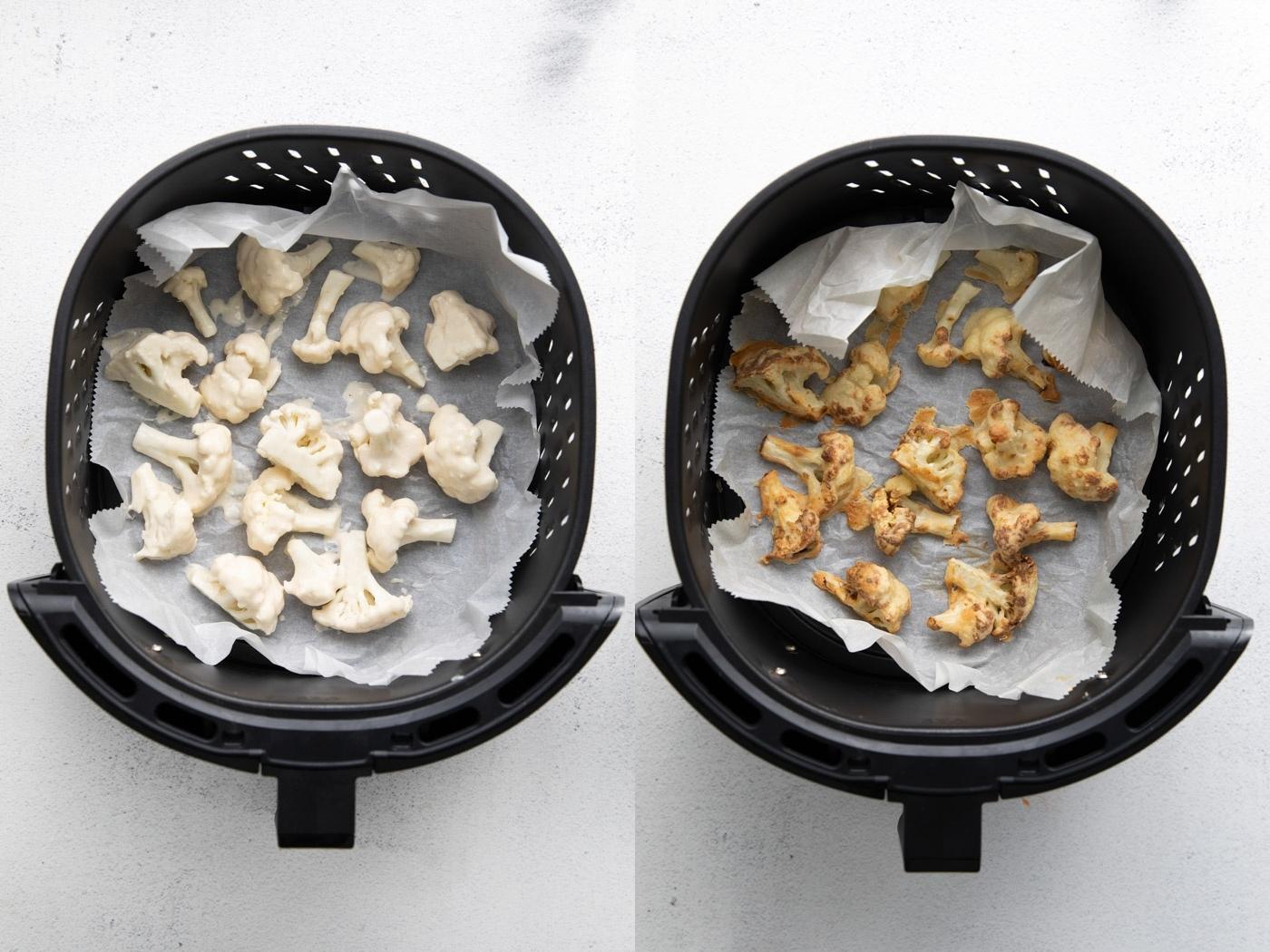 cauliflower florets in an air fryer basket