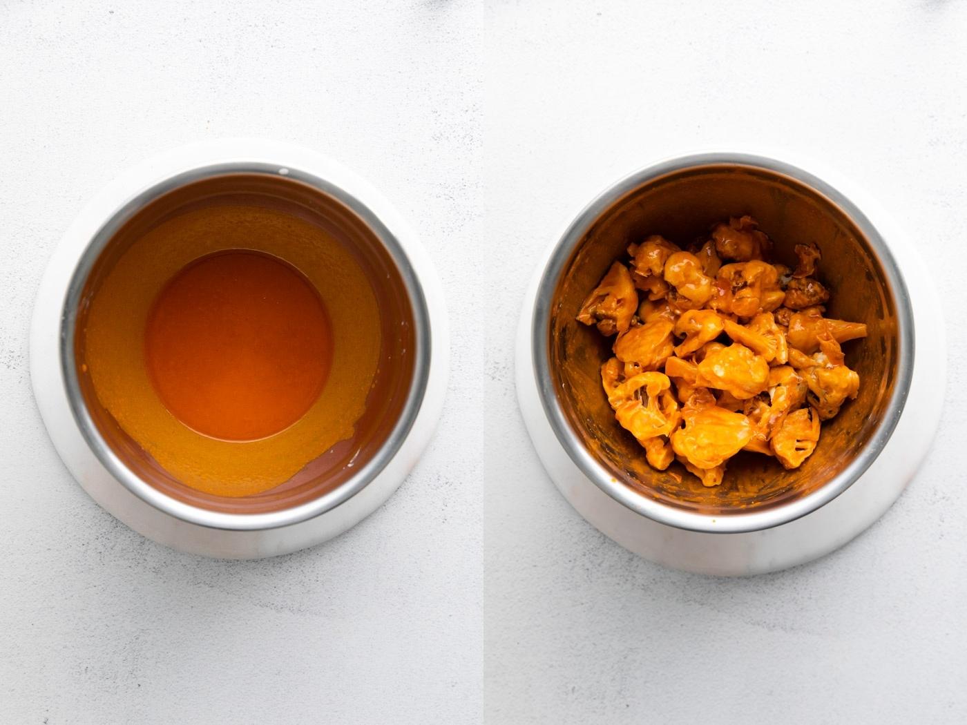cauliflower dipped in buffalo sauce