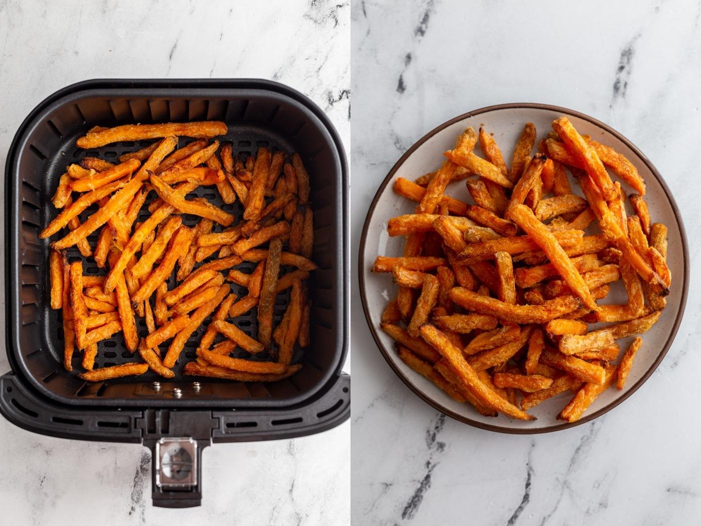 side by side images: left image frozen sweet potato fries in an air fryer basket. Right image: sweet potato fries on a plate