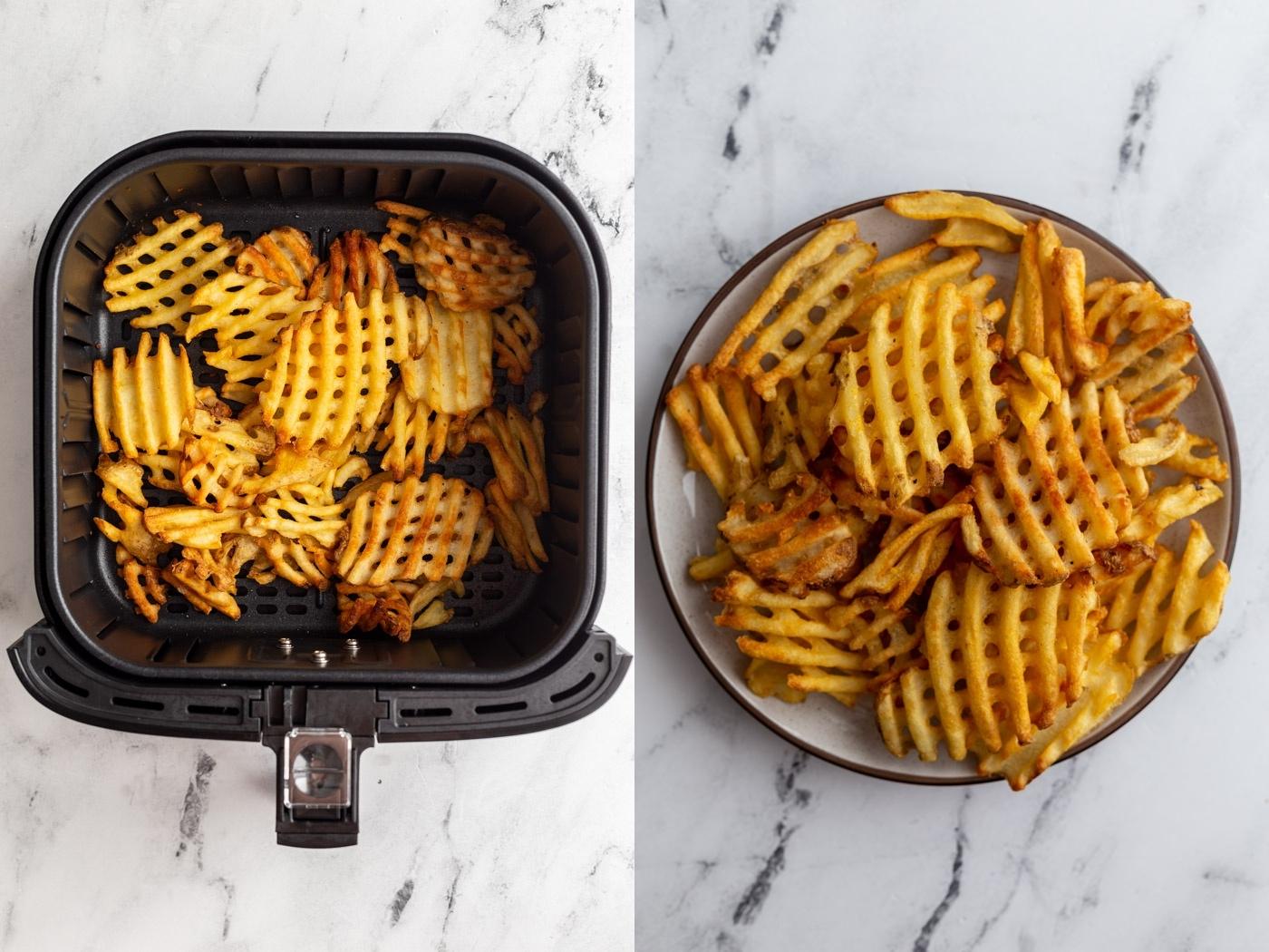 side by side images: left image frozen waffle fries in an air fryer basket. Right image: waffle fries on a plate