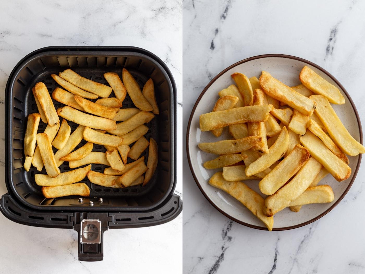 side by side images: left image frozen steak fries in an air fryer basket. Right image: steak fries on a plate