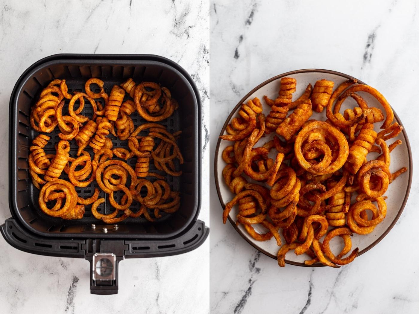 side by side images: left image frozen seasoned curly fries in an air fryer basket. Right image: seasoned curly fries on a plate