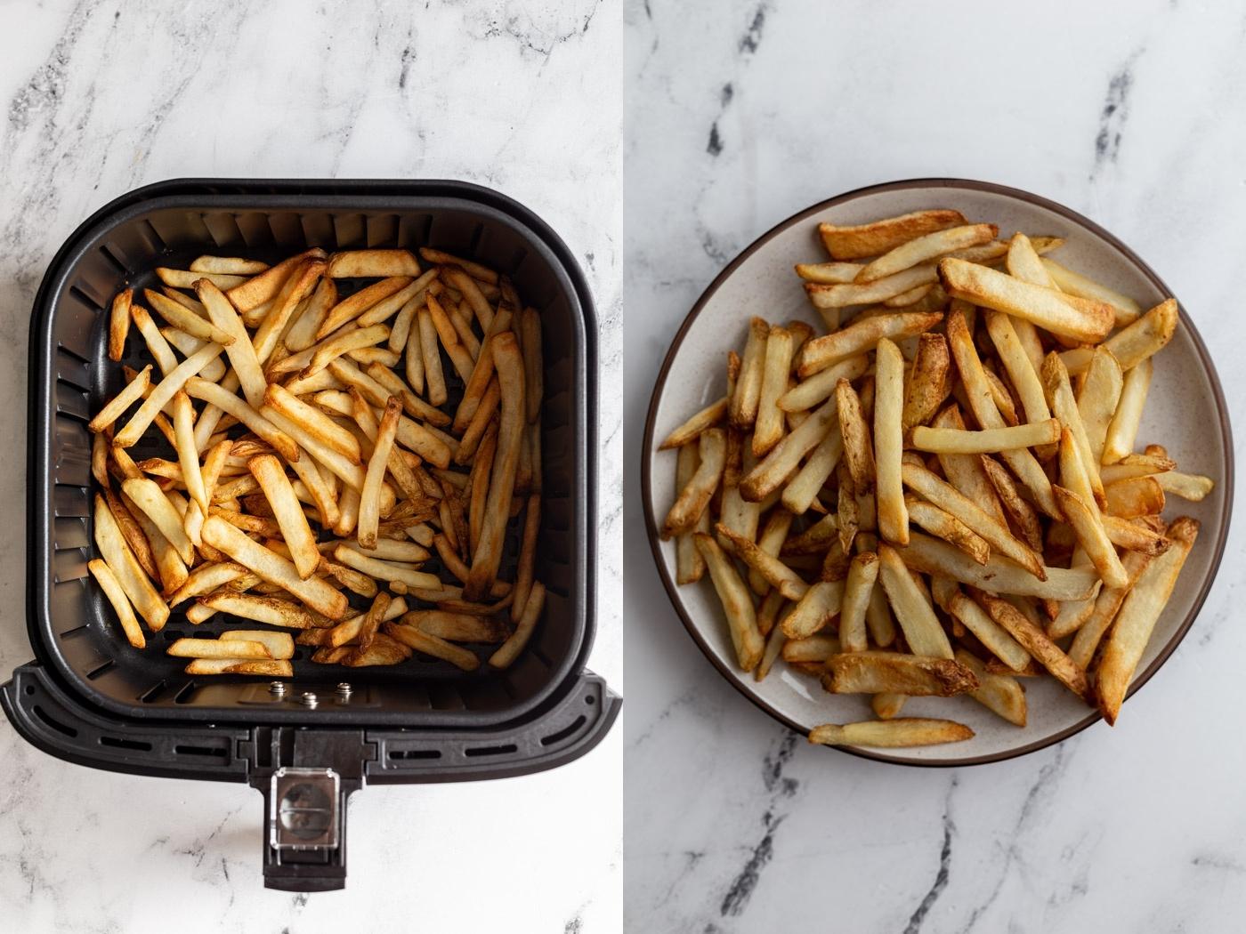 side by side images: left image frozen fries in an air fryer basket. Right image: fries on a plate
