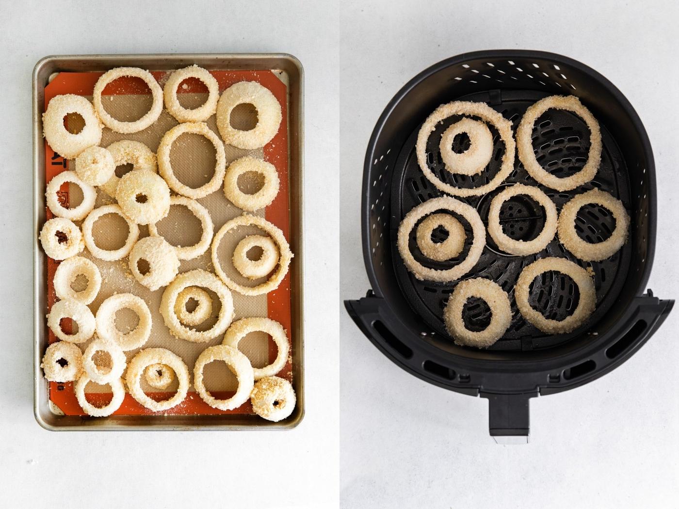 preparing onions to be cooked in an air fryer to make air fryer onion rings