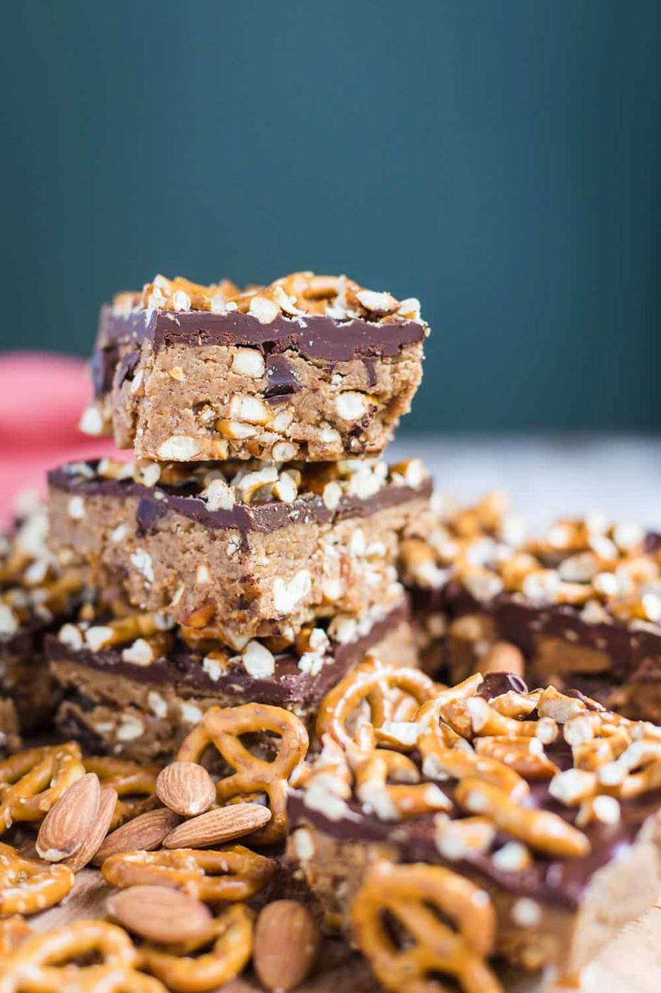 Almond Butter & Dark Chocolate Pretzel Bars at Home