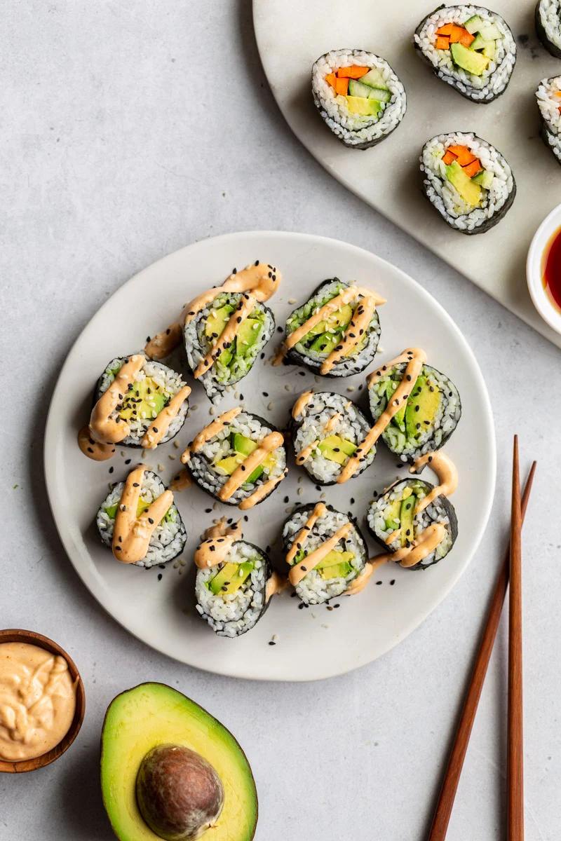 avocado sushi rolls on a plate
