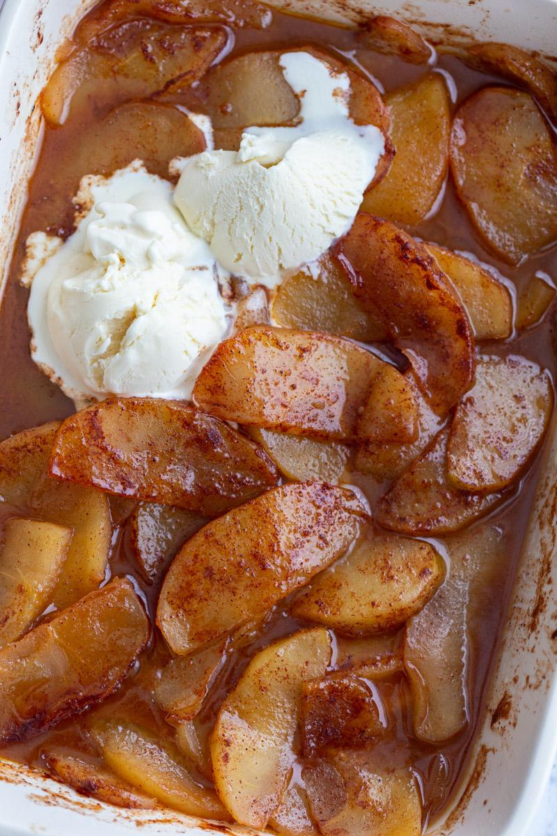 roasted apples topped with vanilla ice cream