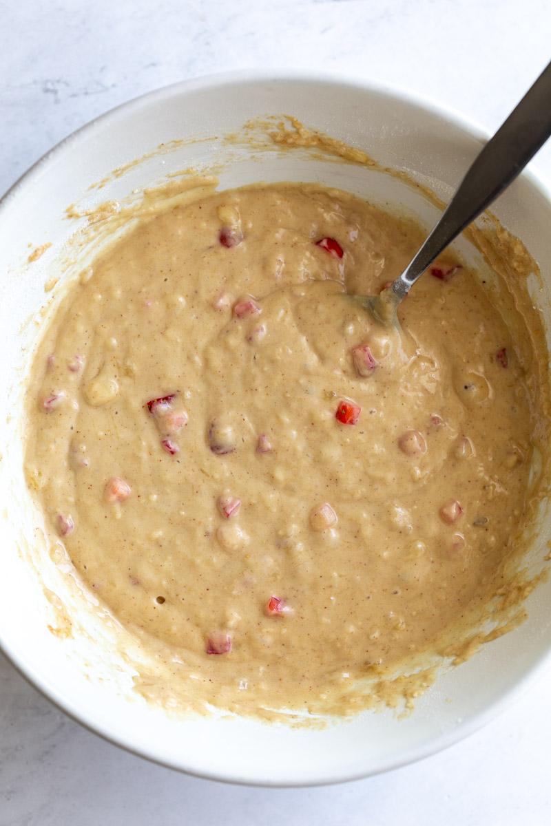 big white bowl of strawberry donut batter