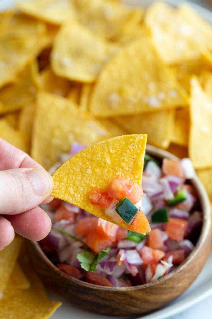 from-scratch corn tortilla chip with pico de gallo on it