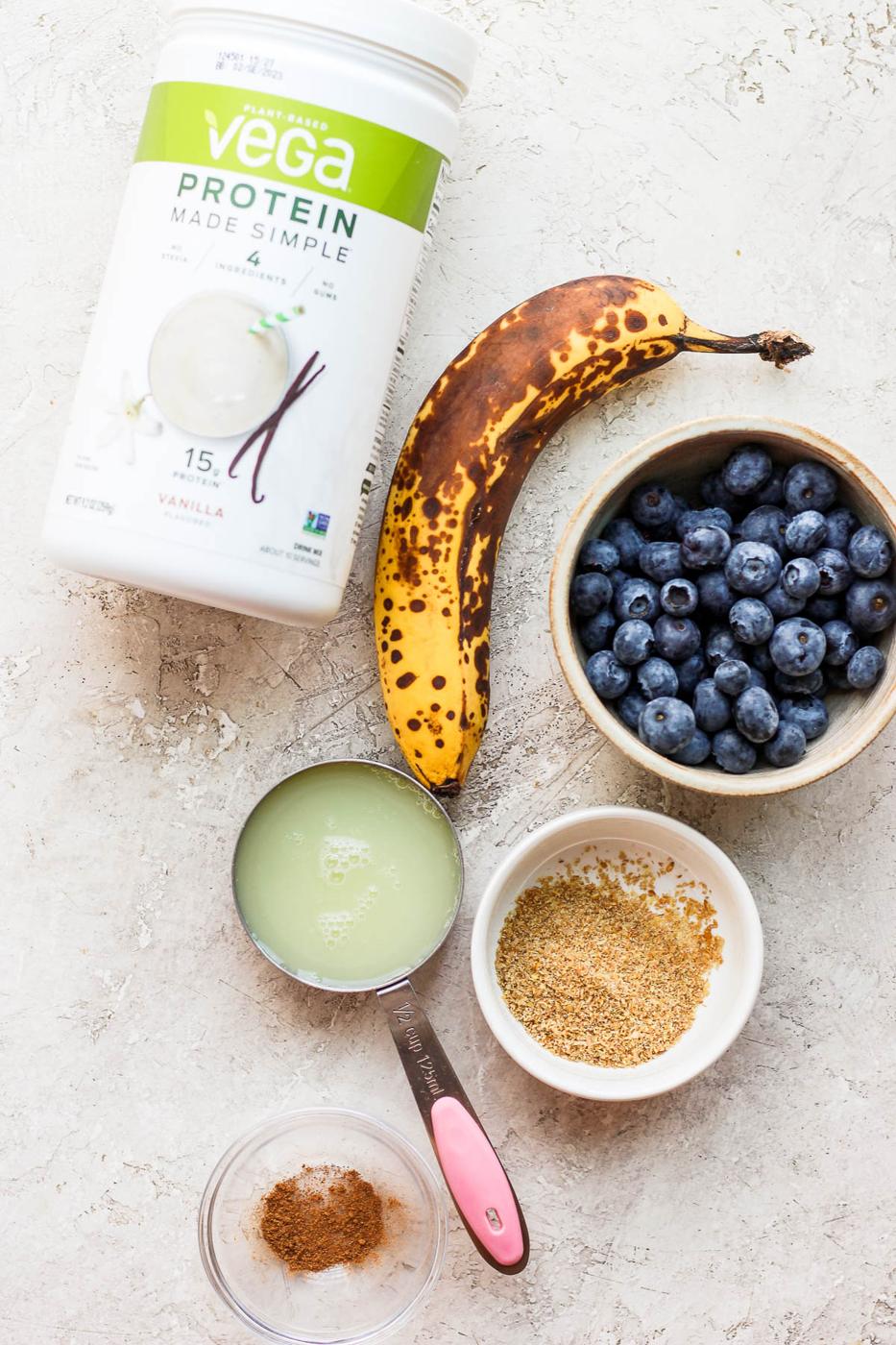 Ingredients needed for banana protein pancakes.