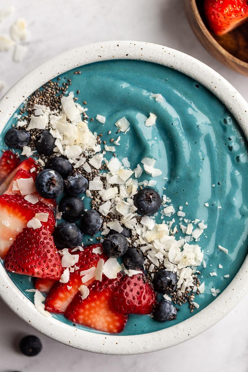 Blue Spirulina Smoothie in a white bowl.