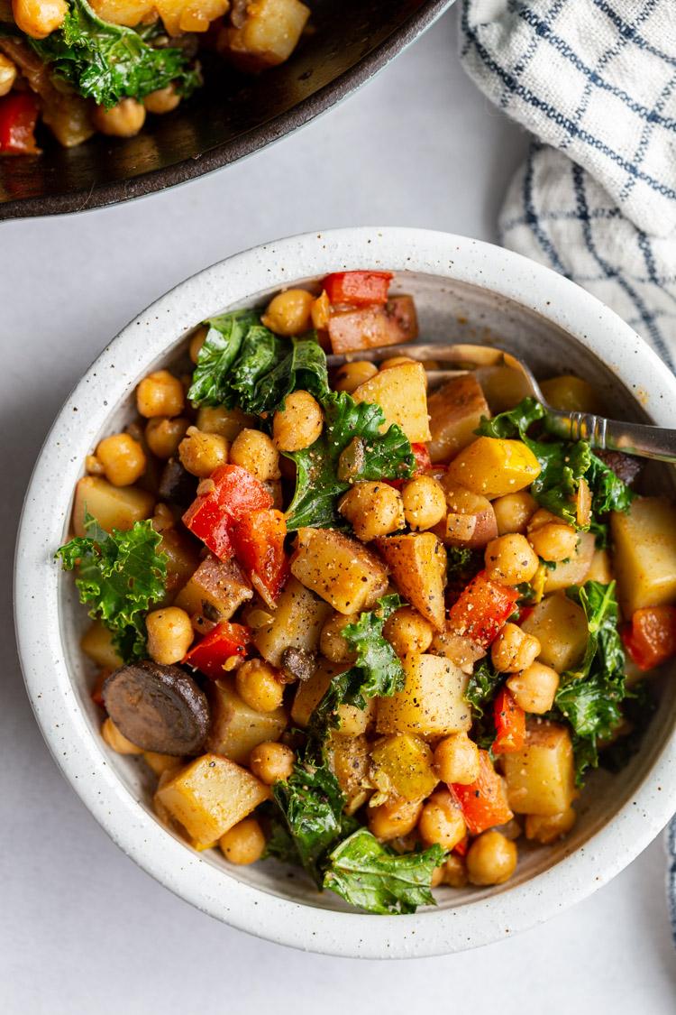 vegan hash served in a small white bowl