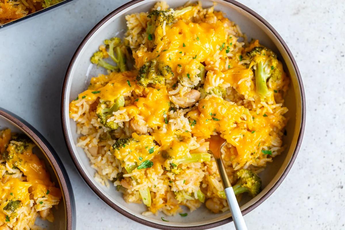 Cheesy broccoli and rice casserole in a bowl