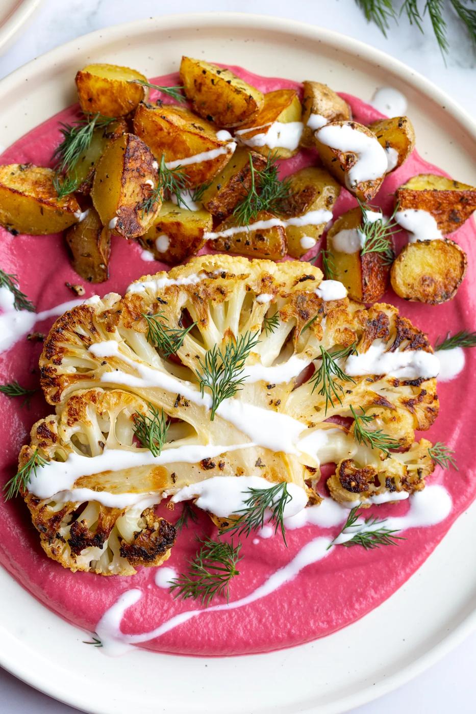 Cauliflower Steaks with Beet Bean Puree from the Pantry