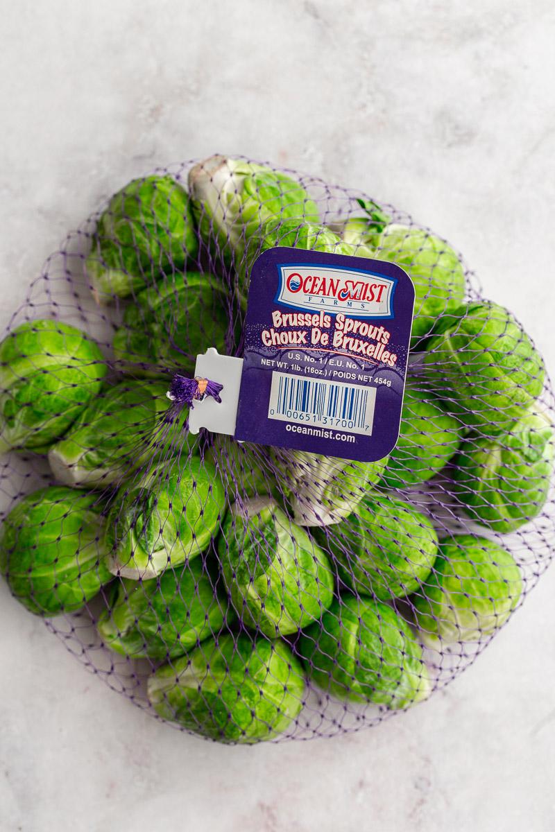 bag of ocean mist brussels sprouts in a purple mesh bag