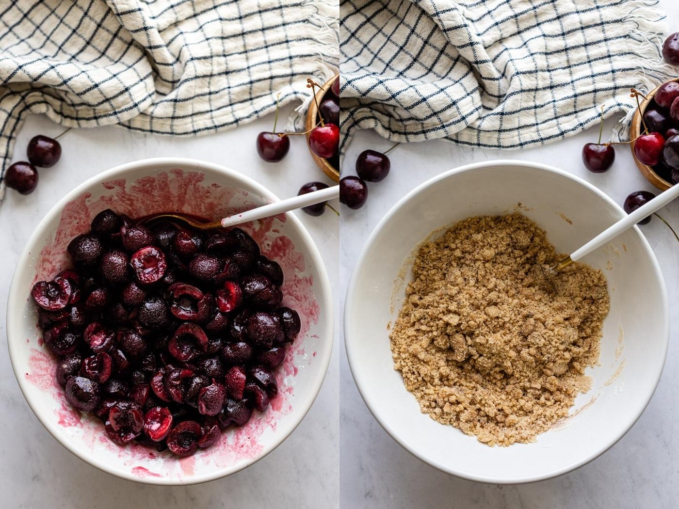 side by side shot. Left: white bowl full of halved fresh cherries. On the right: crumble topping mixed in a bowl.