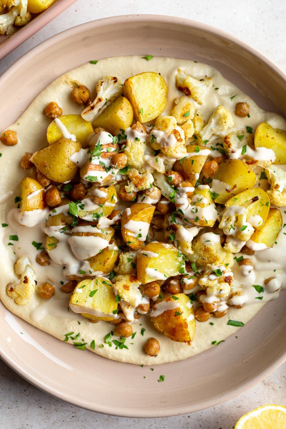 Roasted Potato, Chickpea, and Cauliflower Bowls at Home