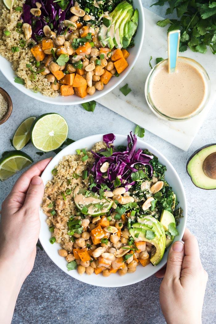 Chickpea Sweet Potato Buddha Bowl- this vegan buddha bowl is straightforward to make, great for meal prep, and so satisfying!! #vegan #dinner #mealprep