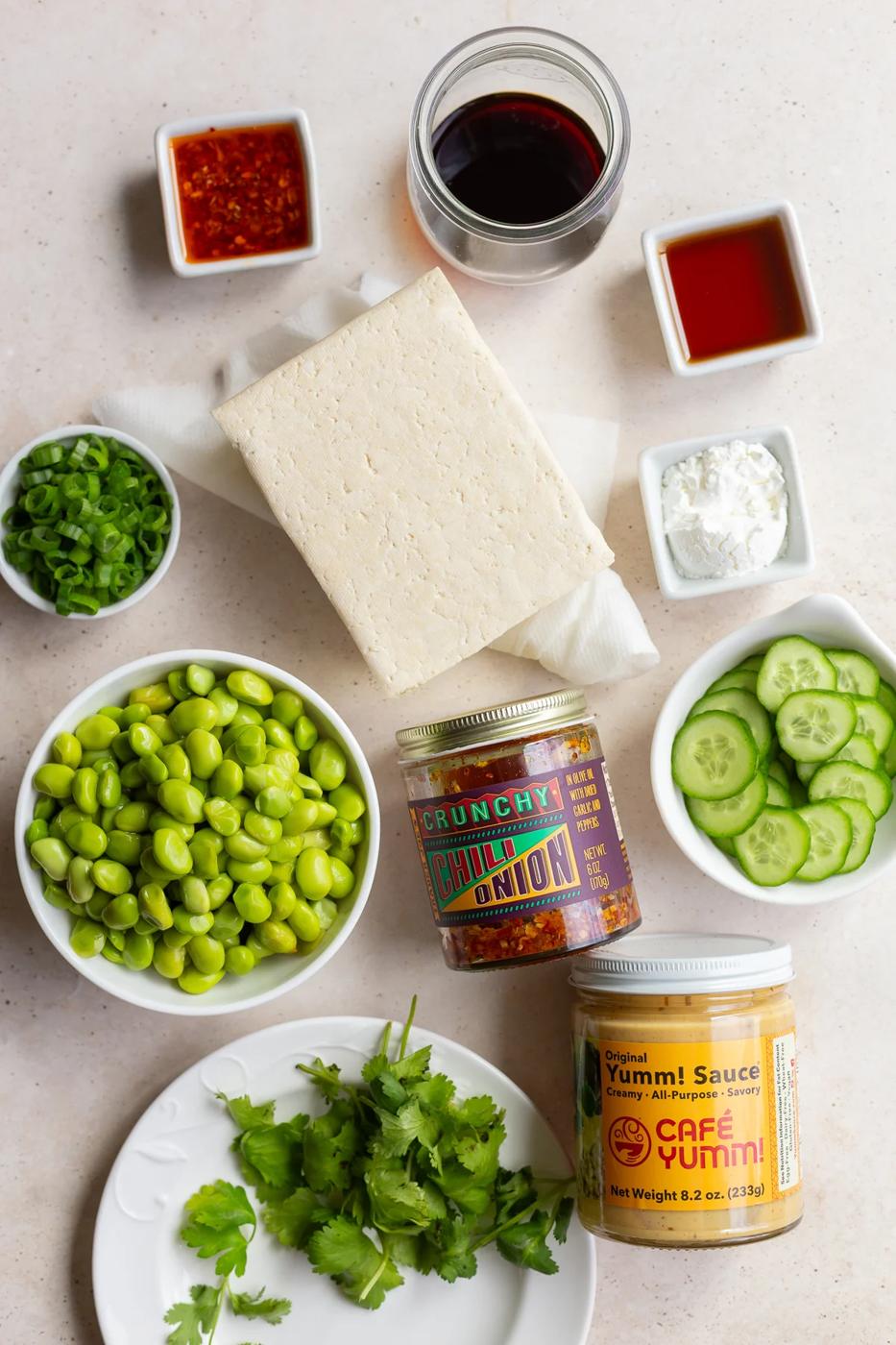 Block of tofu near bowls of edamame, cucumber, cilantro and green onion.