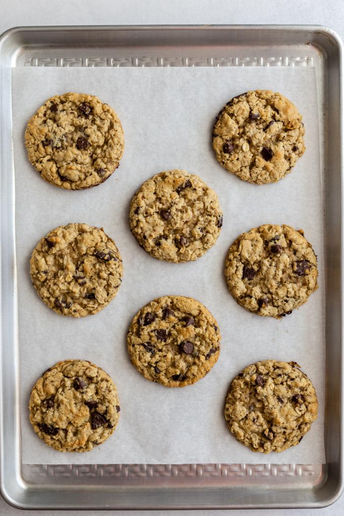 chocolate chip oatmeal cookies on a baking tray