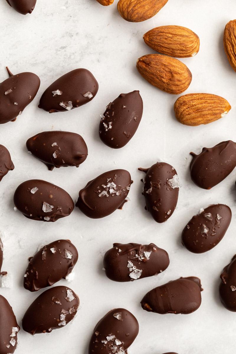 almonds covered in dark chocolate