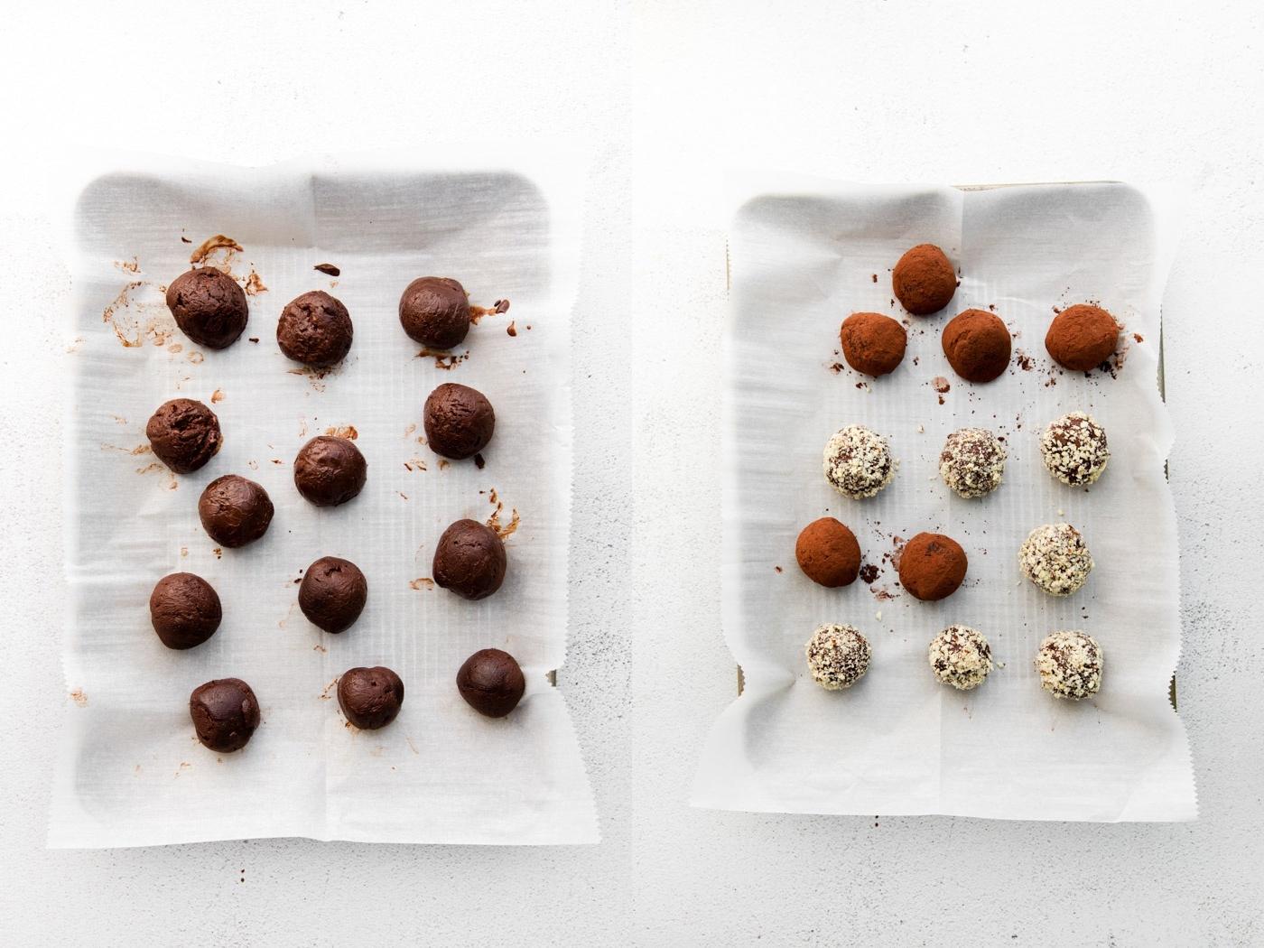side by side images. left image: chocolate truffles laying on a baking sheet lined with parchment paper. Right image: those same truffles where half are rolled in cocoa powder and half in chopped almonds