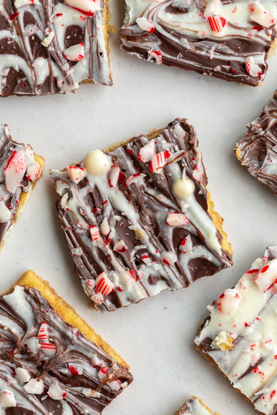 christmas cracker candy topped with white chocolate and crushed peppermint