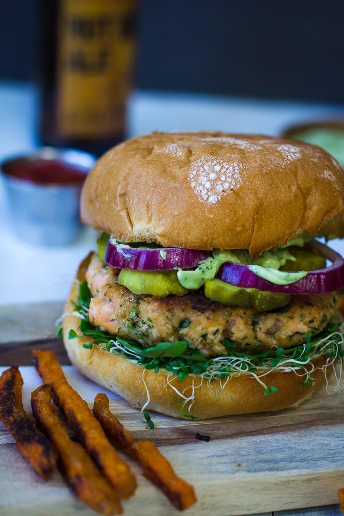 Cilantro Lime Salmon Burgers w/ Tequila Avocado Sauce from the Pantry