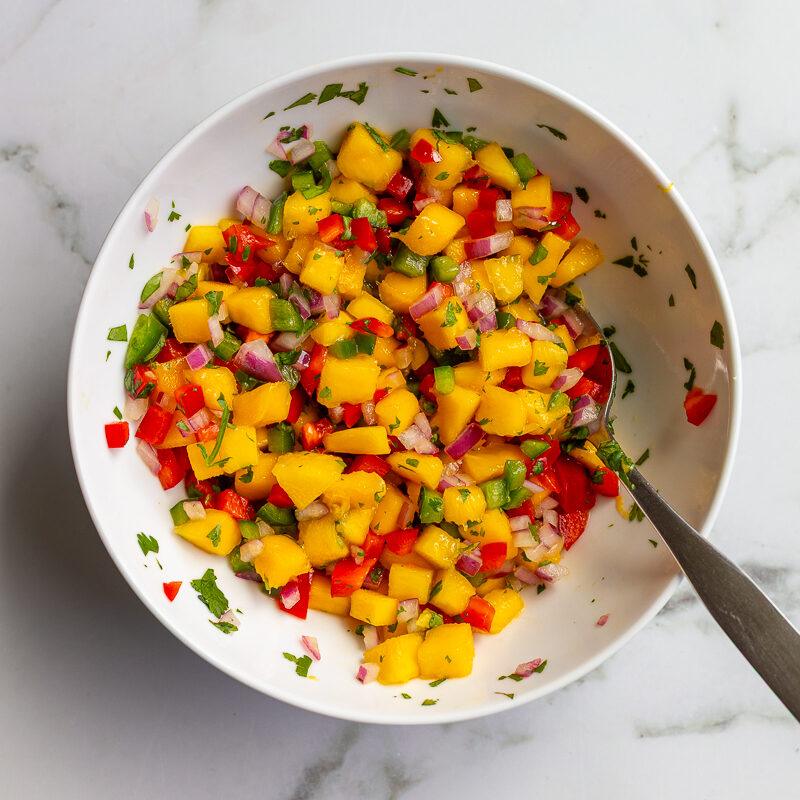 Overhead shot of mango salsa with diced mango, red bell pepper, red onion, and cilantro in a white bowl with a spoon.