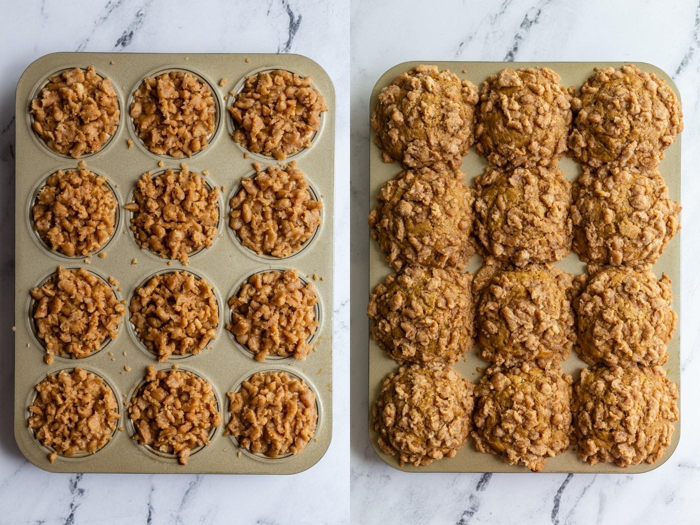 side by side shots. Left: gold muffin tin filled with banana muffin batter and topped with a crumble topping. Right image: the same muffins that are baked and much fuller