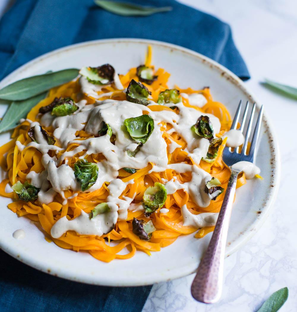Creamy Butternut Squash Pasta with Crispy Brussels Sprouts at Home