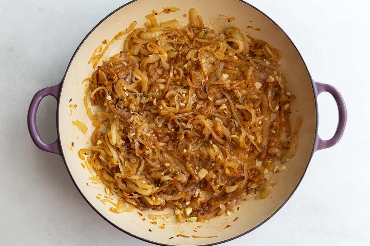 caramelized onions and garlic in a large pot