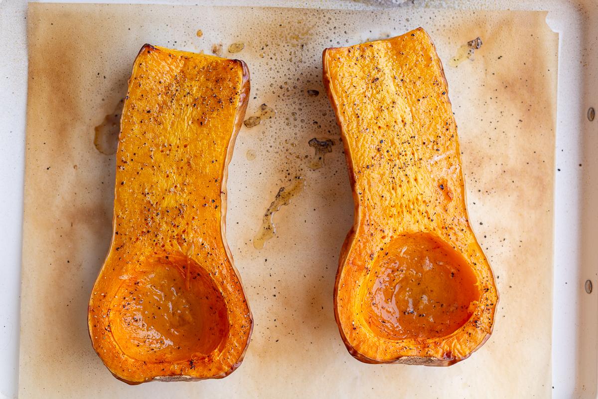 roasted butternut squash on a baking tray