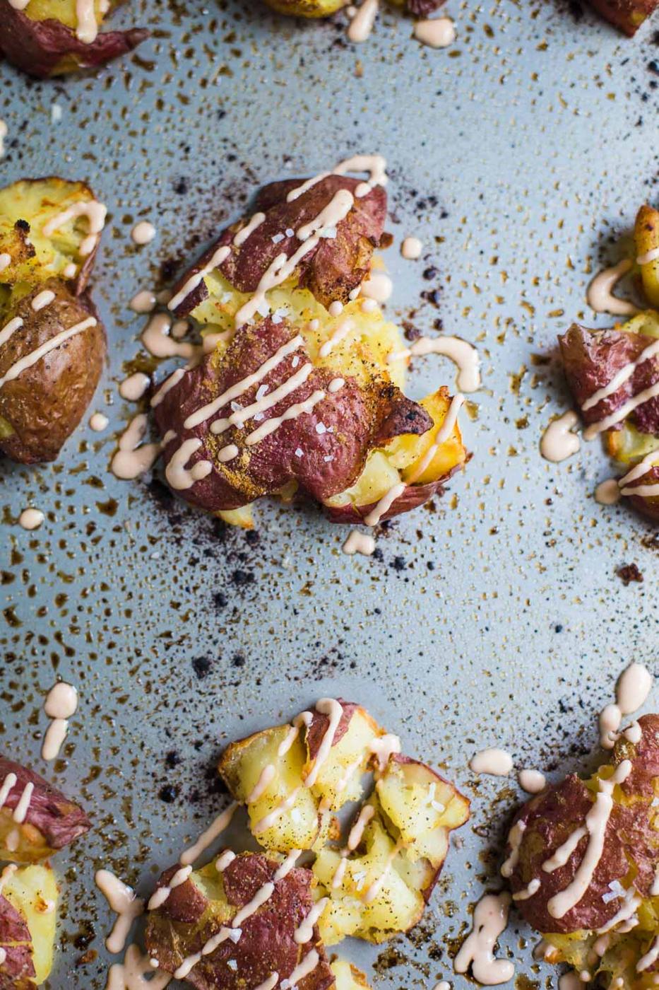 Crispy Smashed Red Potatoes- this dish is VEGAN, especially unfussy to throw together, and a particularly satisfying side dish