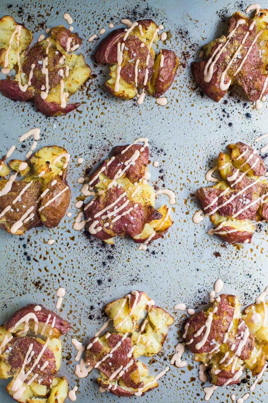 Crispy Smashed Red Potatoes- this dish is VEGAN, especially unfussy to throw together, and a particularly satisfying side dish