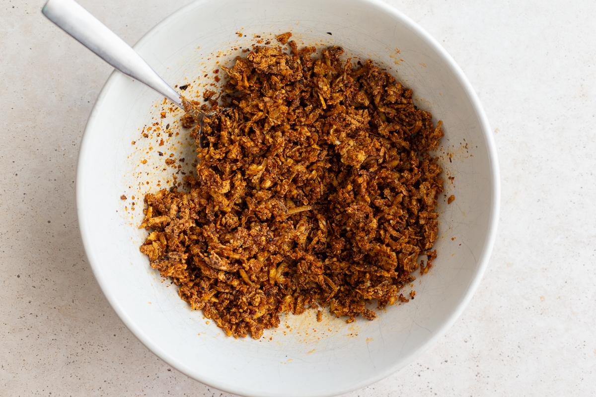 tofu taco meat in a large white bowl