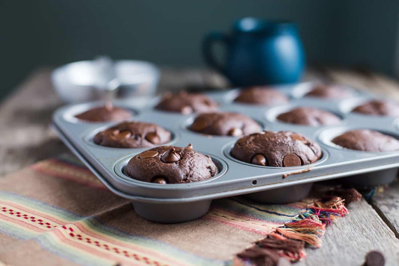 Double Chocolate VEGAN Muffins- this method is SO satisfying and straightforward to bake. They taste only like normal muffins and will leave everyone satisfied! SO chocolaty and SATISFYING!