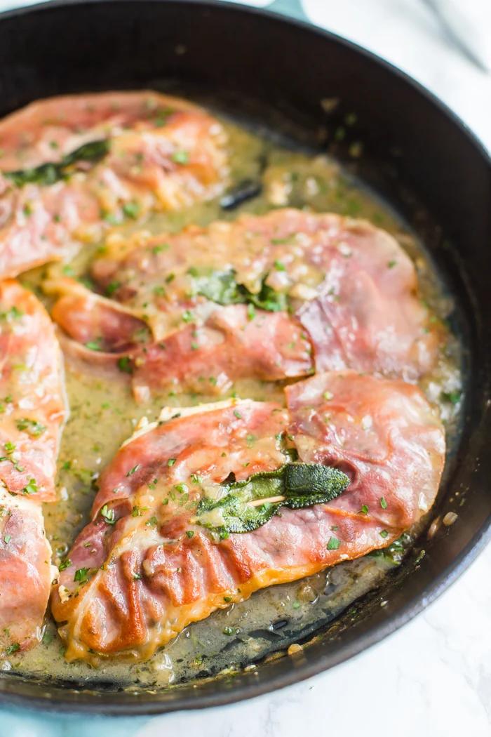 Straightforward Chicken Saltimbocca- this is my take on old-style saltimbocca. This chicken is covered in fresh sage and prosciutto and takes only 25 minutes to make!