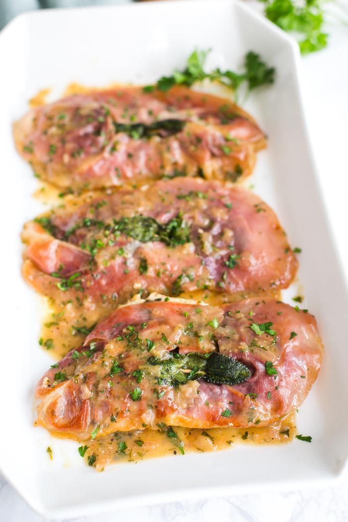 Straightforward Chicken Saltimbocca- this is my take on old-style saltimbocca. This chicken is covered in fresh sage and prosciutto and takes only 25 minutes to make!