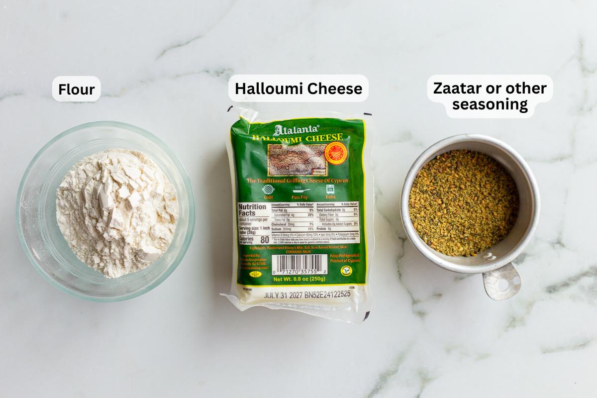 labeled ingredients needed for halloumi fries including spices, halloumi, and flour