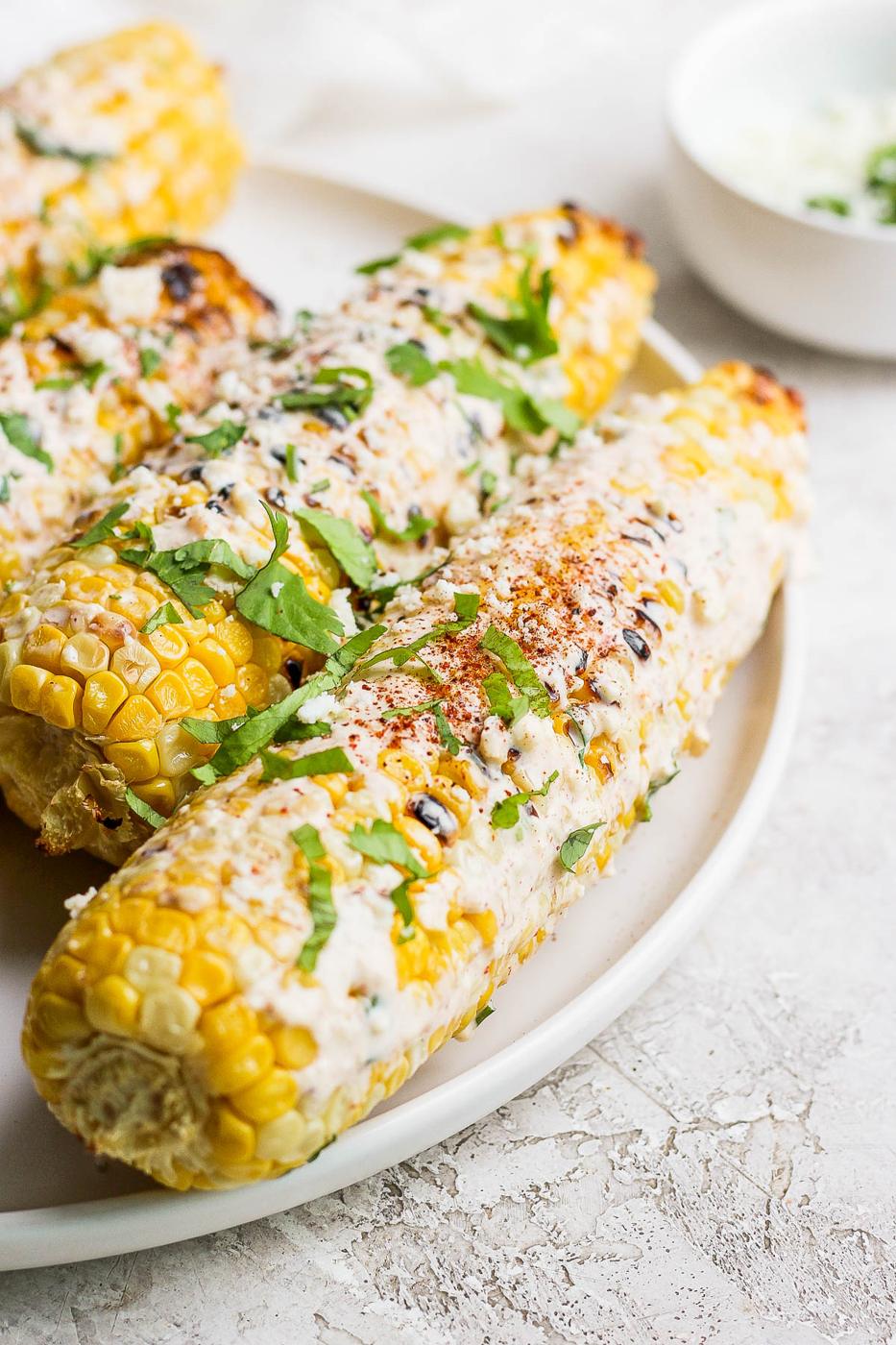 mexican street corn on the cobb on a white plate topped with cilantro and cotija