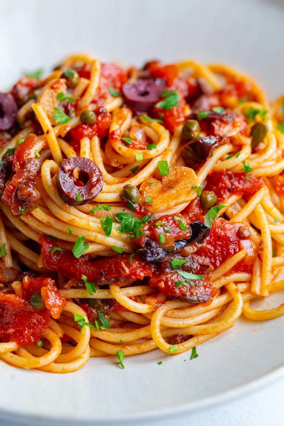 pasta alla puttanesca on a large plate