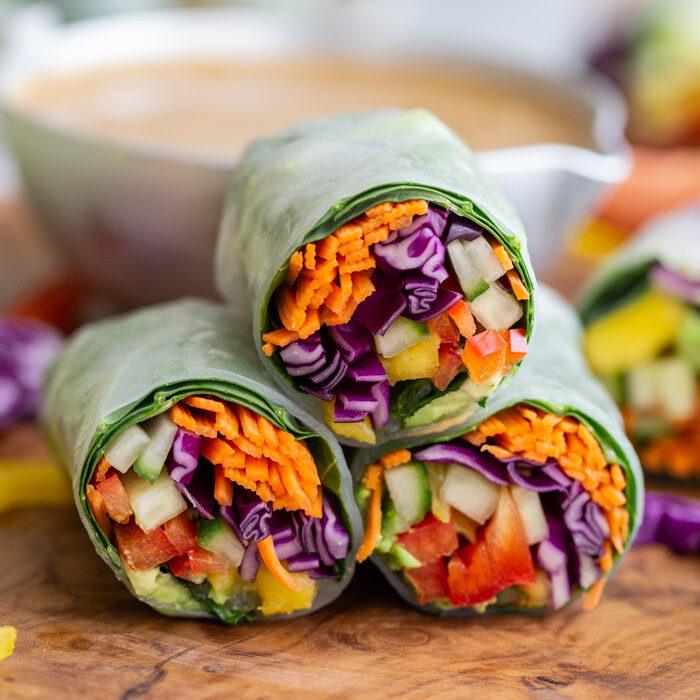 spring rolls cut in half so you can see the inside