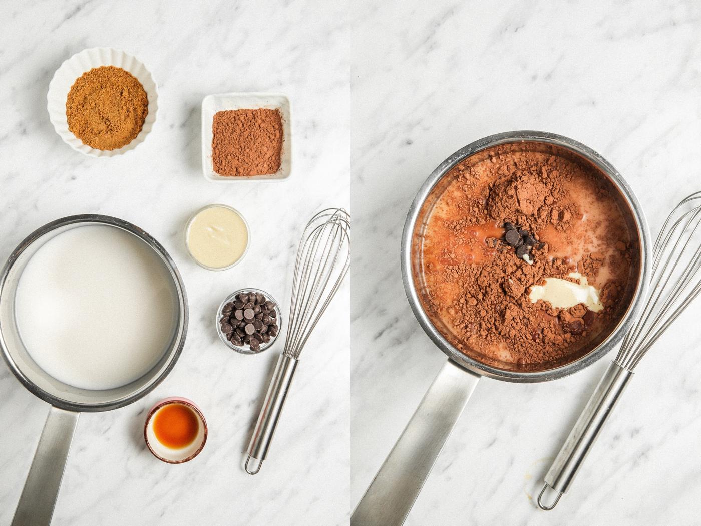 side by side shots. Left: ingredients for vegan hot chocolate laid out including milk in a pot, a whick, cocoa powder, coconut sugar, dark chocolate chips, vanilla Right image: stainless steel pot filled with vegan hot chocolate ingredients: milk, dark chocolate, and cocoa powder