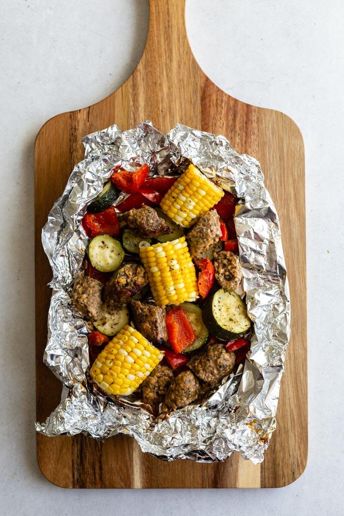 Foil Pack Vegan Sausage & Vegetables on the Stove