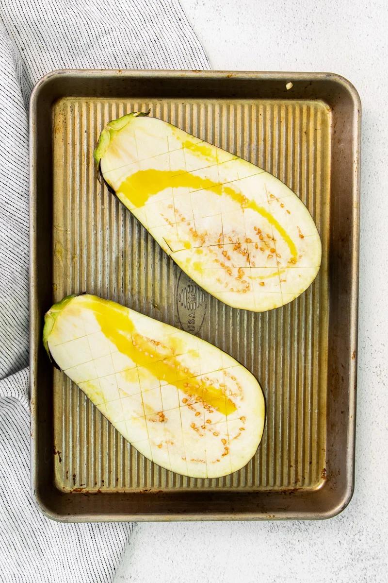 eggplant on a baking sheet pan